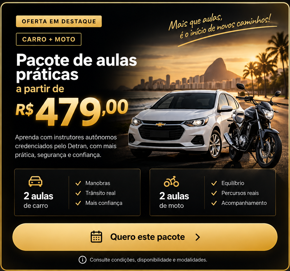 Oferta de pacote de aulas práticas: duas aulas de carro e duas aulas de moto a partir de R$ 479,00