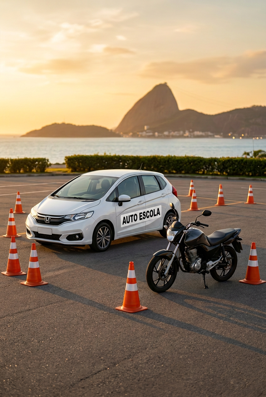 Carro e moto de treinamento com cones em área de prática à beira-mar