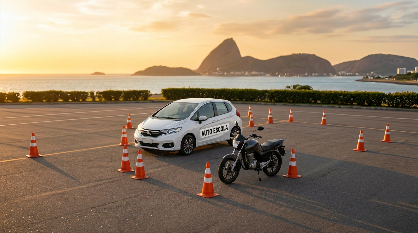 Carro e moto de treinamento com cones em área de prática à beira-mar